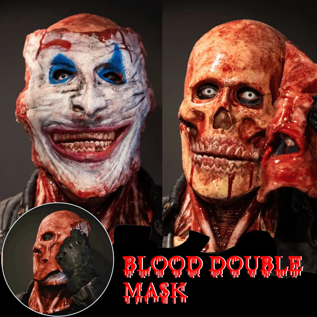 Outer clown face lifted to reveal a skull-like inner layer