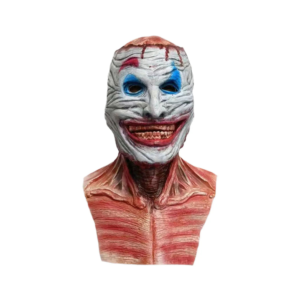 Double-layer mask with painted clown face and extended neck