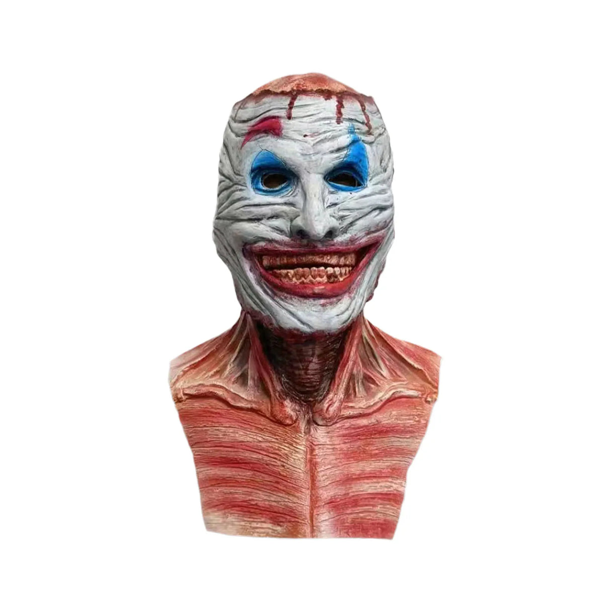 Double-layer mask with painted clown face and extended neck