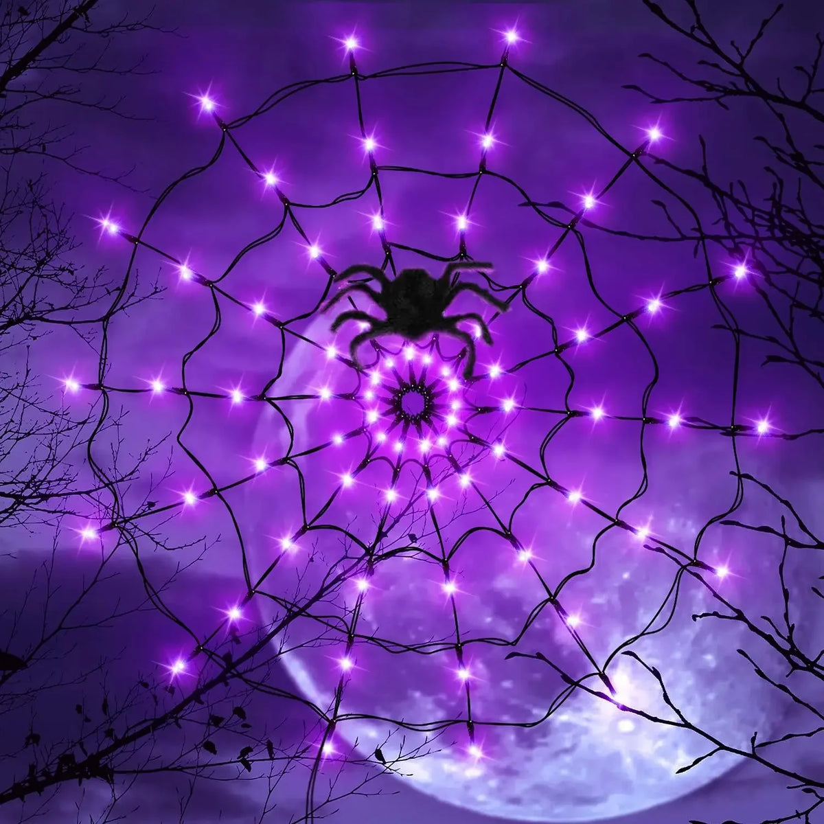 Purple round spider web light with central spider styling