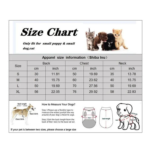 Supplier dog costume size chart and measuring diagram
