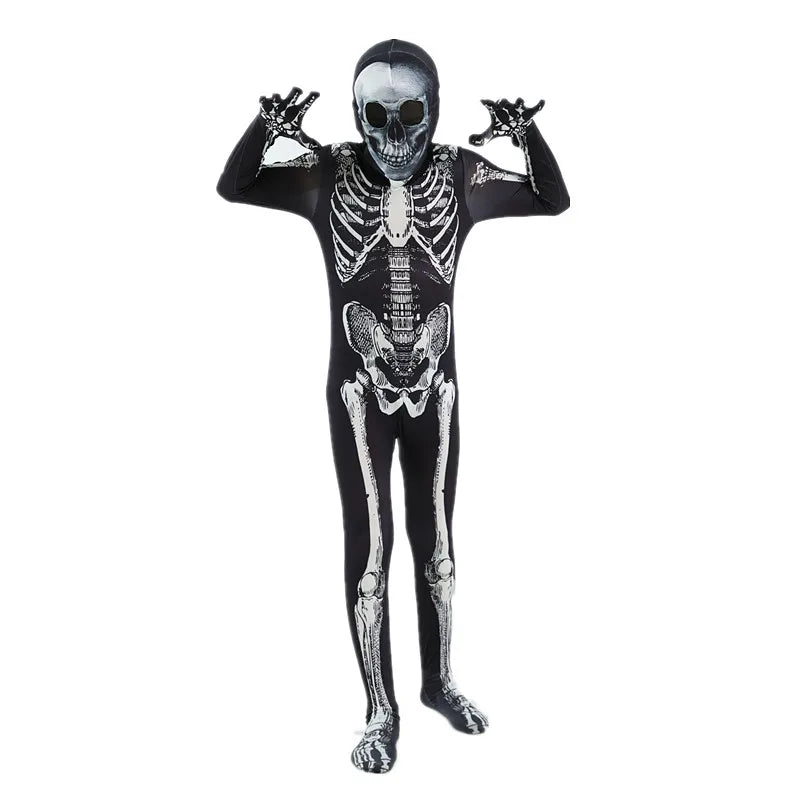 Skeleton costume posed with arms raised