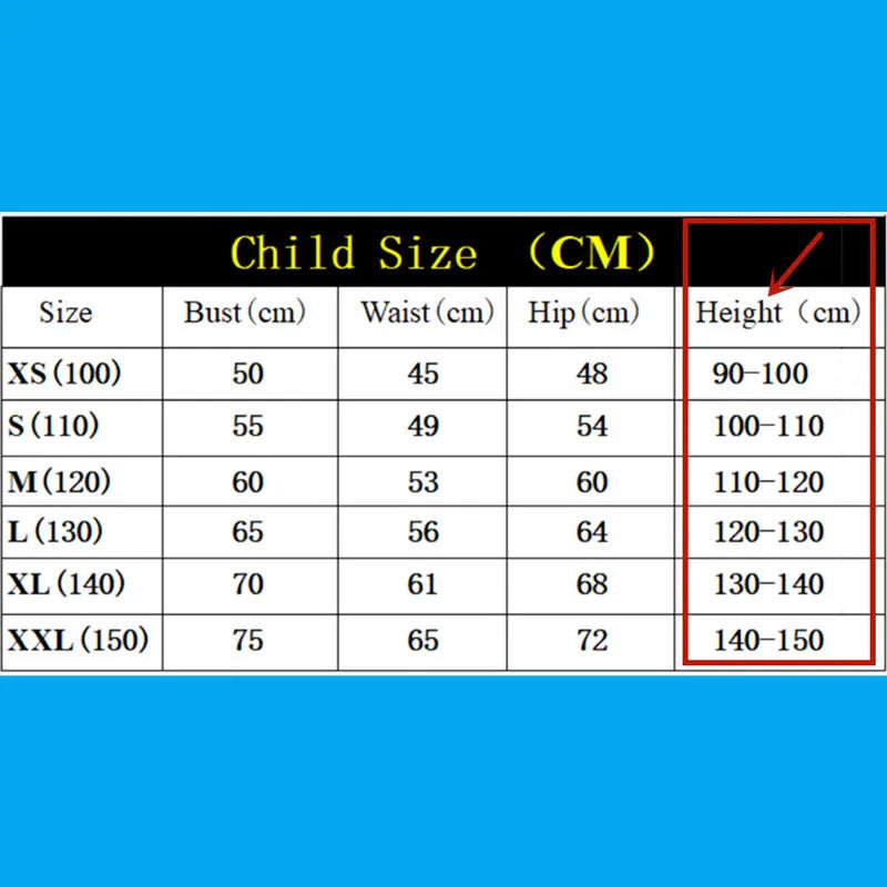 Supplier sizing chart for children from 90 to 150 centimeters tall