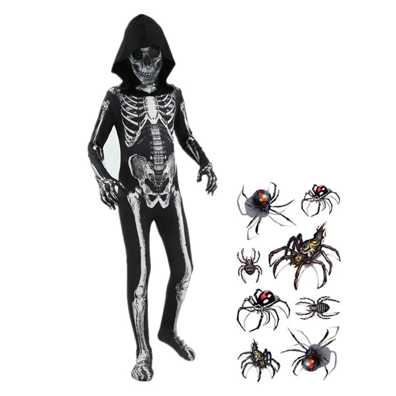 Selected black skeleton jumpsuit with spider sticker artwork