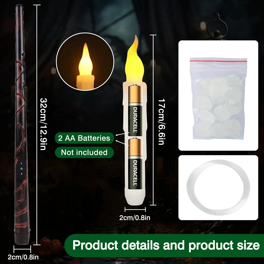 Candle and wand dimensions with AA battery instructions