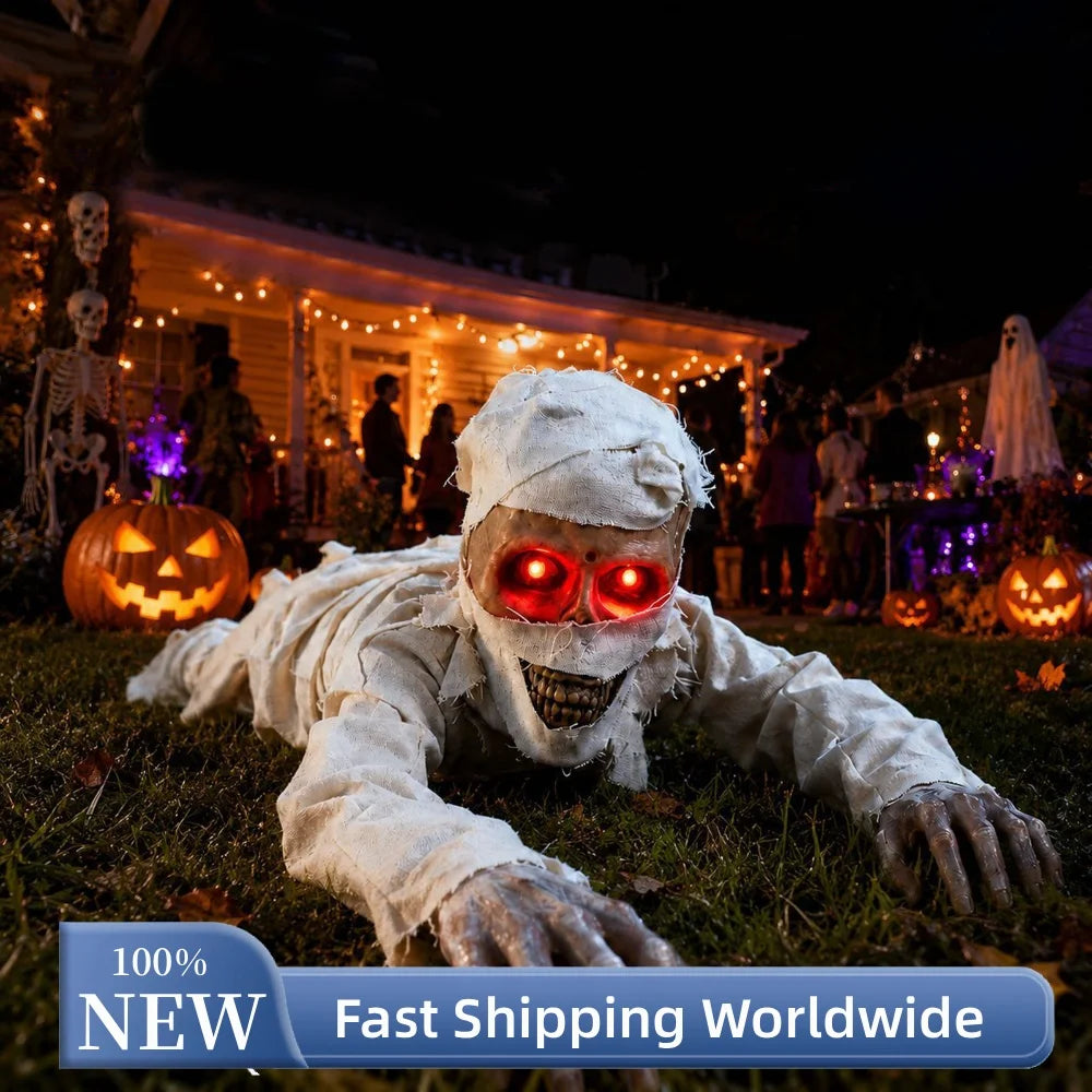 Wrapped mummy prop in a staged front-yard scene