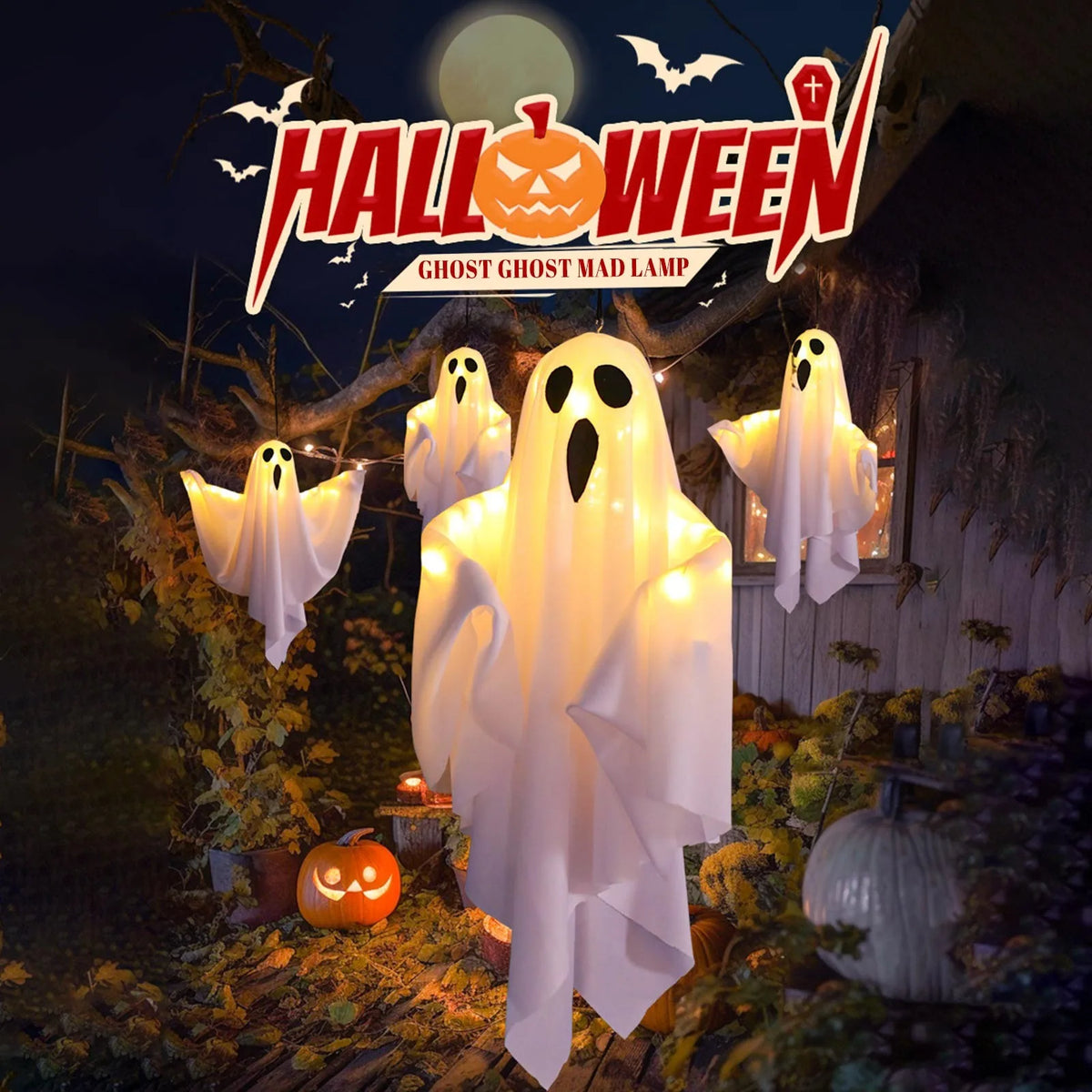 Group of white ghosts in a Halloween display