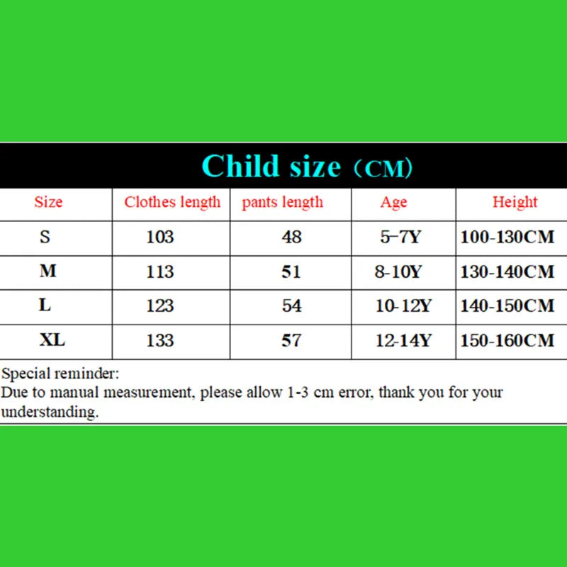 Supplier child-height and robe-length size chart