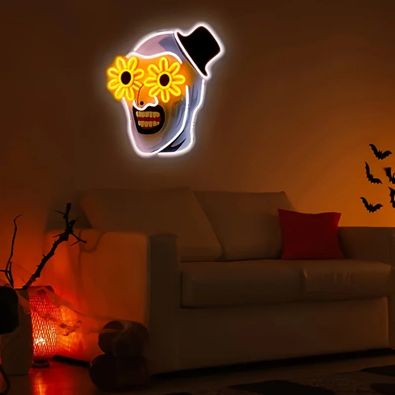 Illuminated skull sign in a dark living room