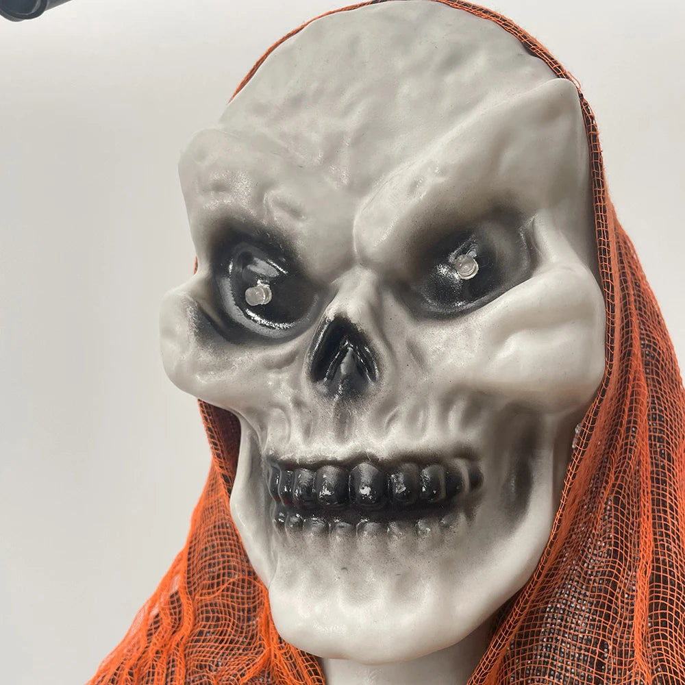 Close-up of skull face with orange fabric