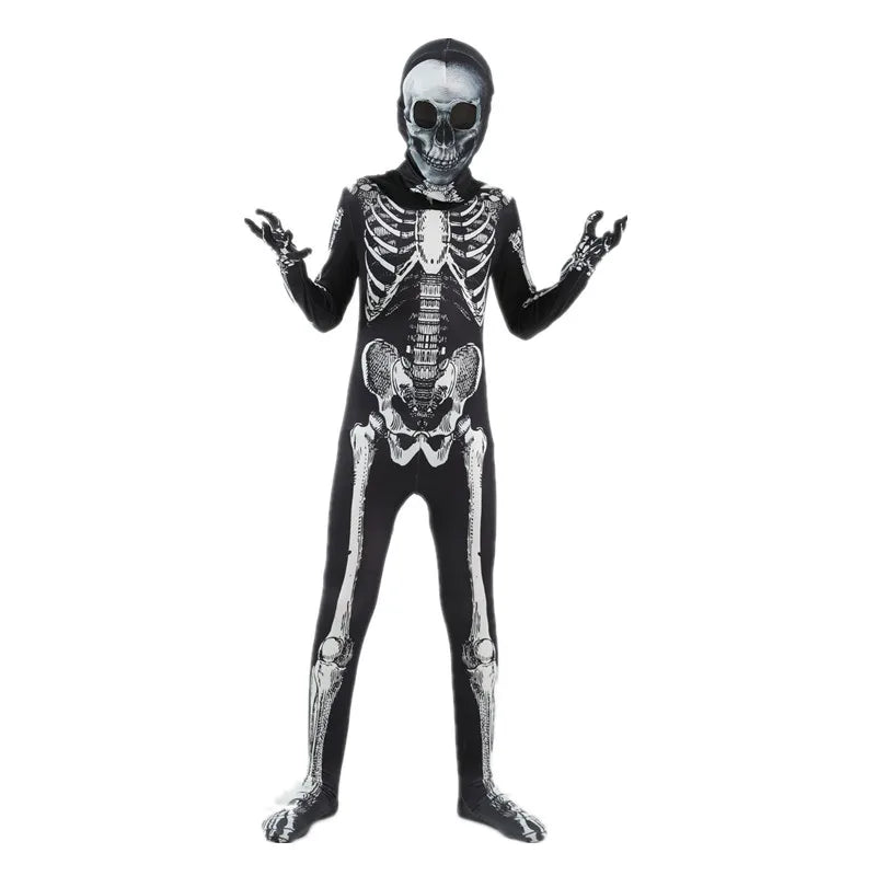 Front view of bone-print jumpsuit with skull hood