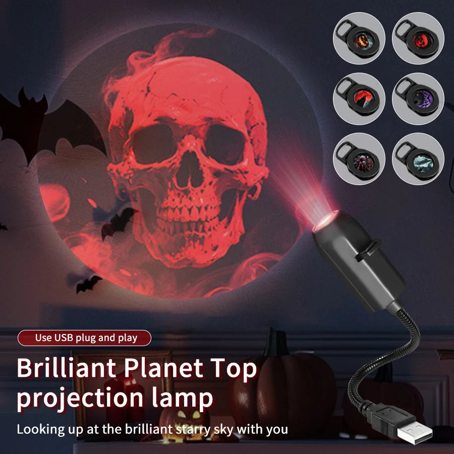 USB Halloween projector casting a red skull image