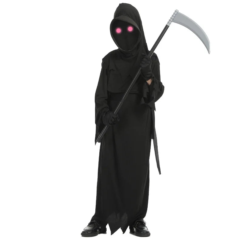 Angled view of reaper robe and costume scythe