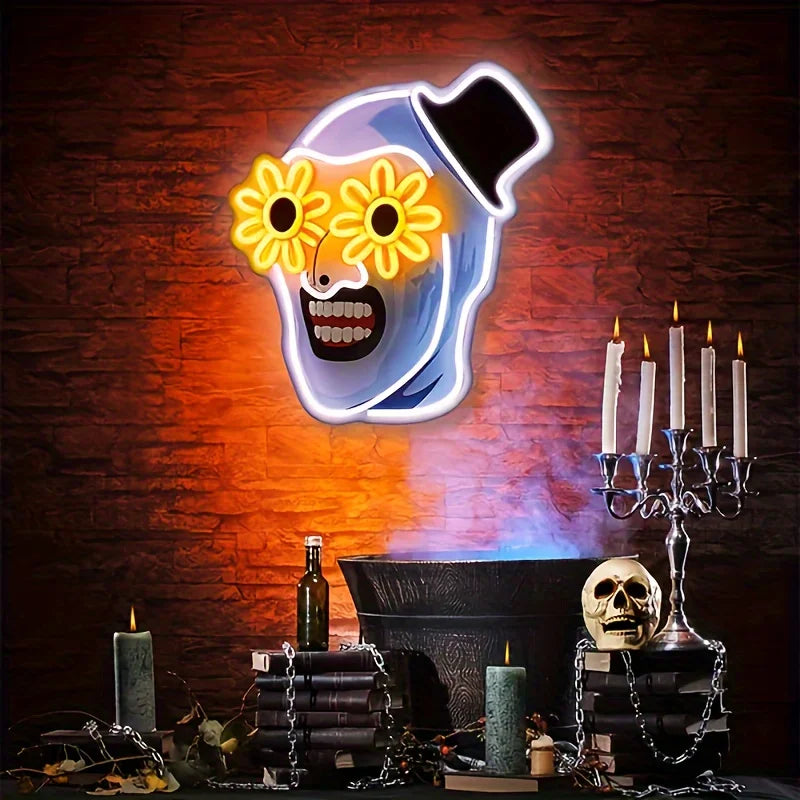 Flower-eye skull LED sign with top hat in a Halloween display
