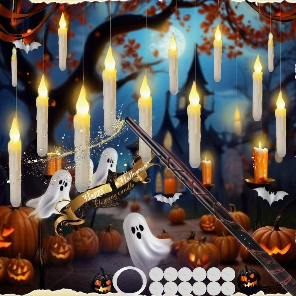 Floating LED candles and wand in a Halloween scene