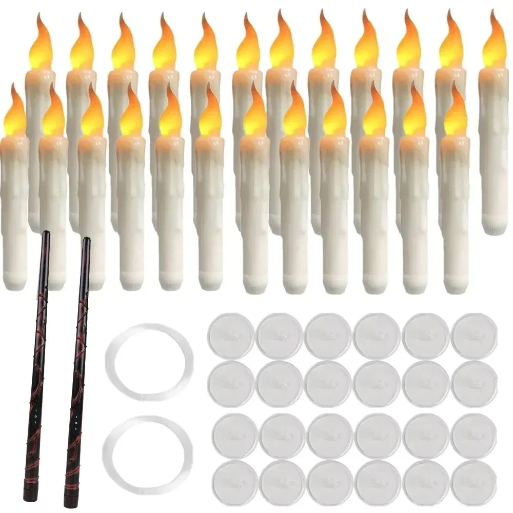 Twenty-four floating candles with two wands and hanging accessories