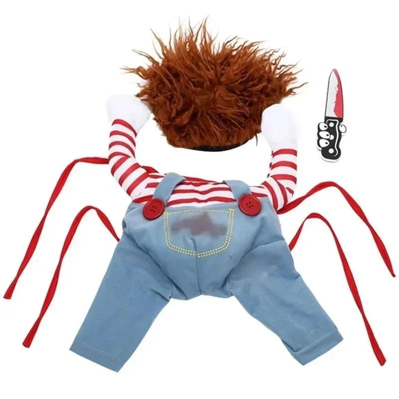 Costume body, orange wig and removable foam knife shown separately