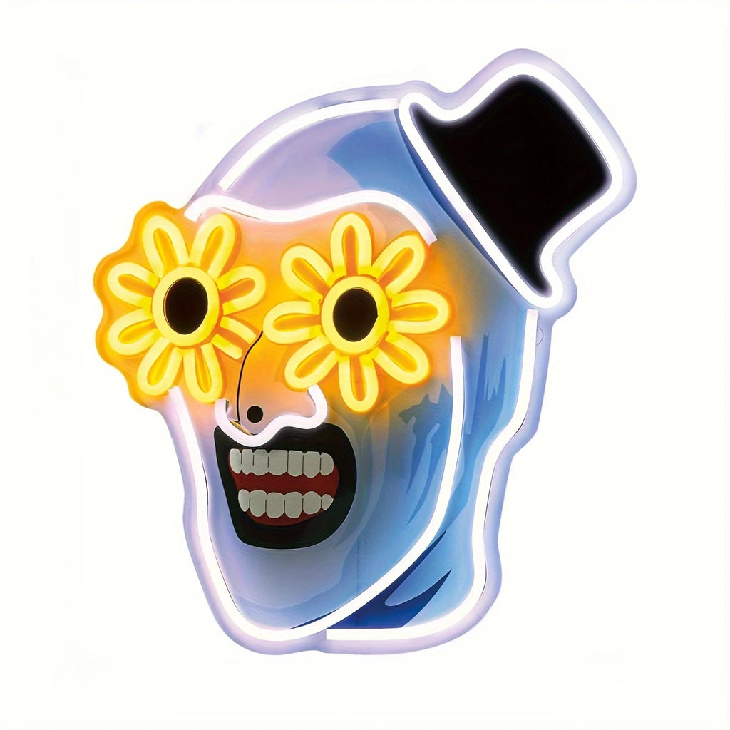 Close-up of flower-eye skull LED wall sign