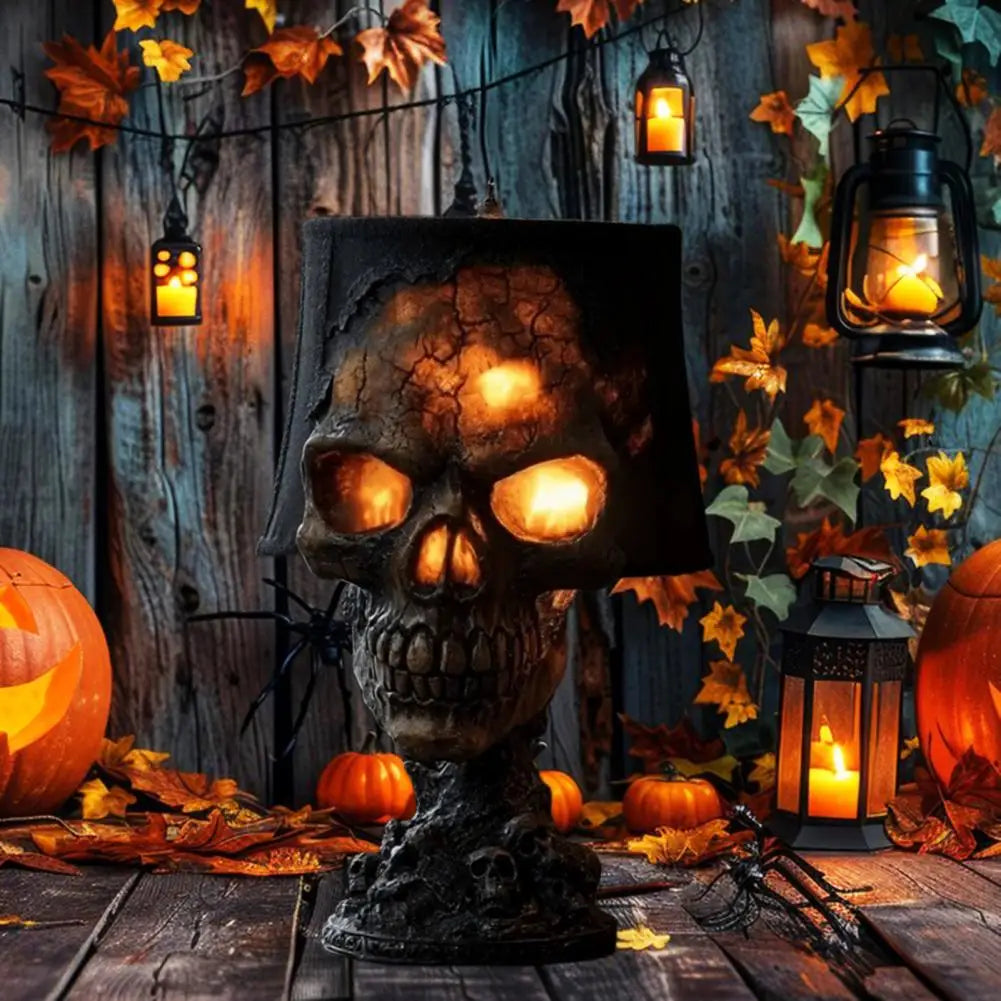 Skull-and-shade lamp in a staged Halloween display
