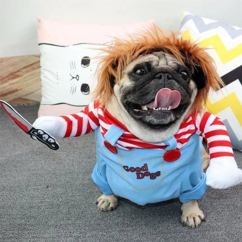Dog wearing striped costume with blue body, orange wig and foam knife