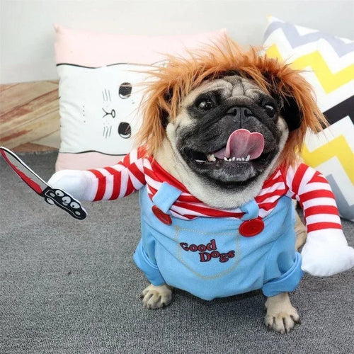 Dog wearing striped costume with blue body, orange wig and foam knife