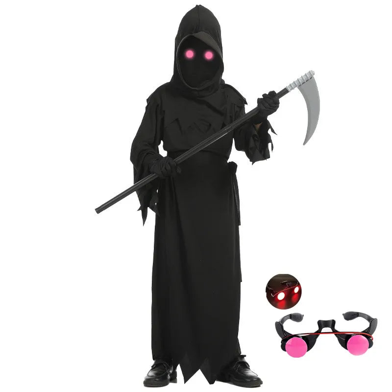 Kids black hooded reaper costume with scythe and glowing-eye accessory