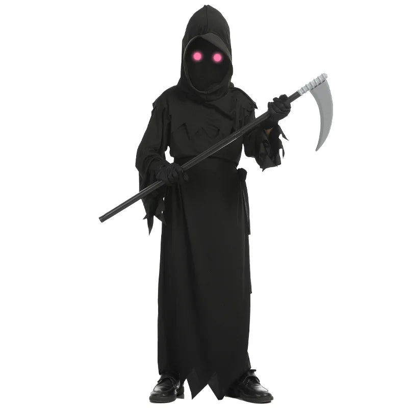 Front view of black hooded reaper costume