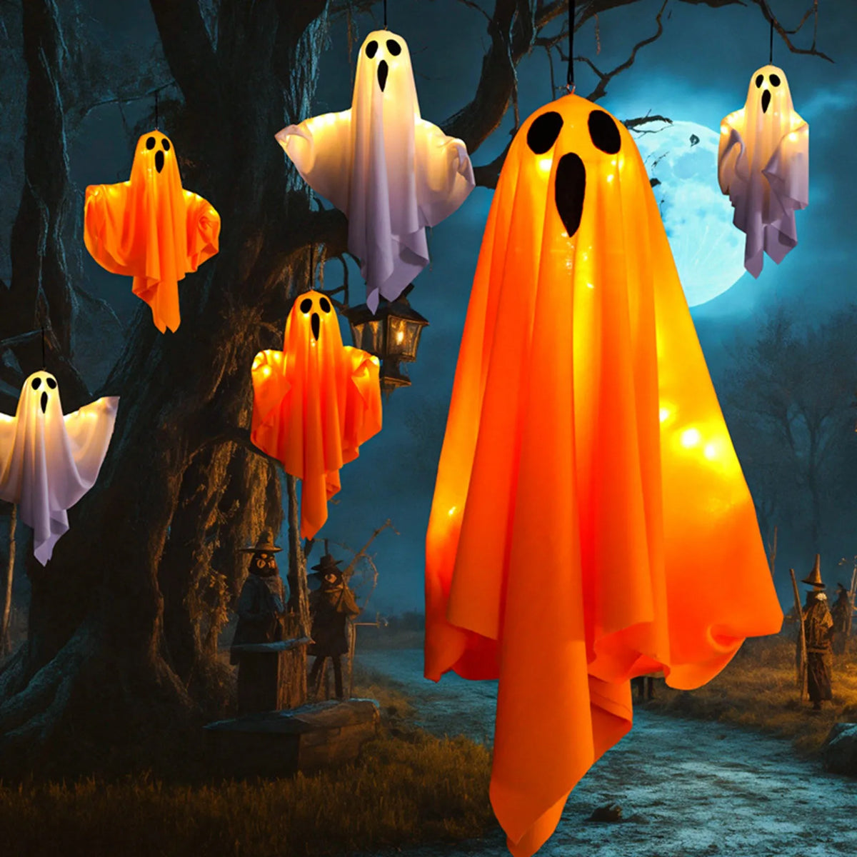 Orange and white hanging ghosts in an illuminated Halloween scene